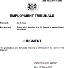 Ms S Jabul V South West London And St George S Mental Health NHS Trust 2301675-2018 - Withdrawal